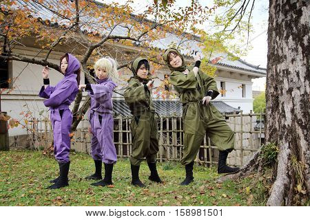Marugame, Kagawa, Japan -  November 20, 2016: Cosplayers outside the Mamugame-Jou Park Cosplay Convention
