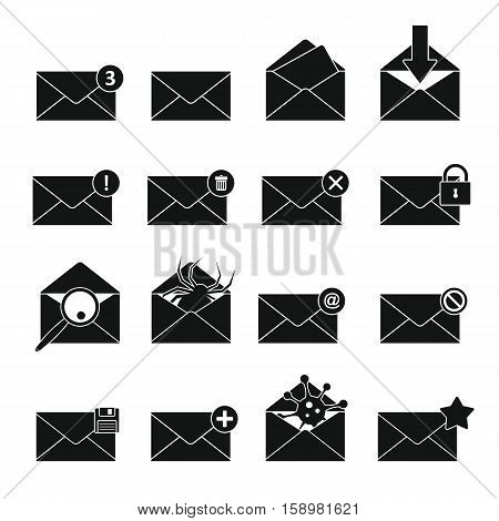 Letters mail set in black simlpe style isolated on white background vector stock illustration. Letters mail objects in black flat style elements for illustration infographics  and banners - stock vector