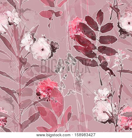 art vintage blurred monochrome pink purple watercolor and graphic floral seamless pattern with roses, grasses and leaves on background. Double Exposure effect