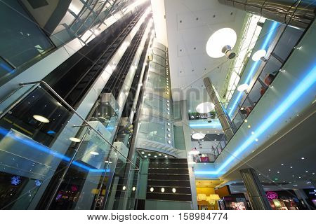 MOSCOW - DEC 13, 2014: The Gallery of shopping center Capitol Vernadsky, bottom view