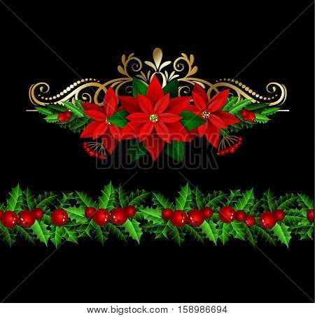 Christmas decoration set with evergreen treess holly and poinsettia isolated on black with swirls and seamless border