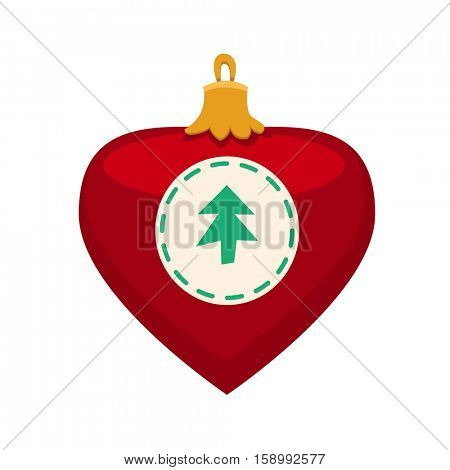 Merry Christmas red heart toy with fur tree icon in roundframe, Christmas balls, vector illustration in flat style