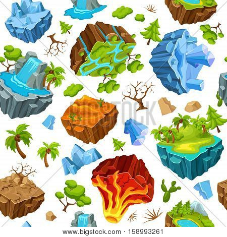 Gaming islands and nature elements seamless pattern with waterfall volcano and drought trees and crystals vector illustration