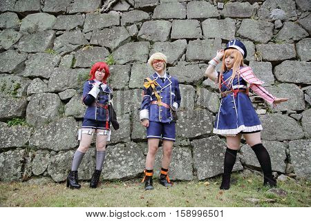 Marugame, Kagawa, Japan -  November 20, 2016: Young japanese girl dressed in cosplay costume at Mamugame-Jou Park. Photo taken in Marugame Cosplay Convention