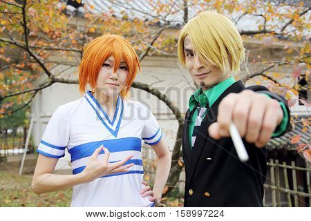 Marugame, Kagawa, Japan -  November 20, 2016: Young japanese girl dressed in cosplay costume at Mamugame-Jou Park. Photo taken in Marugame Cosplay Convention