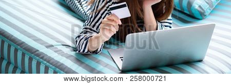 Banner Website Eautiful Of Portrait Young Asian Woman Lying Users Credit Card With Laptop, Content G