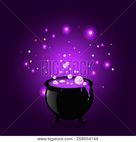 Black Witch Pot Cauldron With Boiling Potion, Glowing Sparkles And Bubbles On Purple Background. Hal