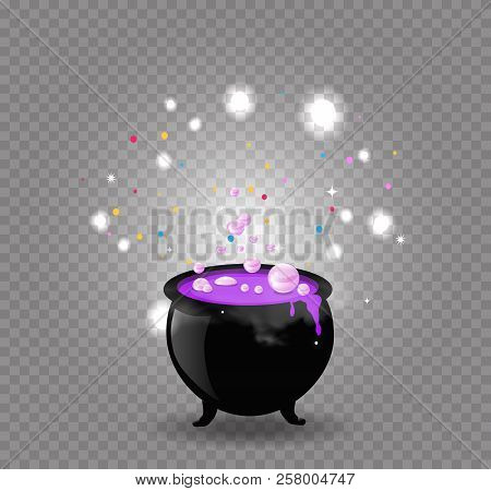 Black Witch Pot Cauldron With Pink Boiling Potion, Sparkles And Bubbles Isolated. Halloween Vector I