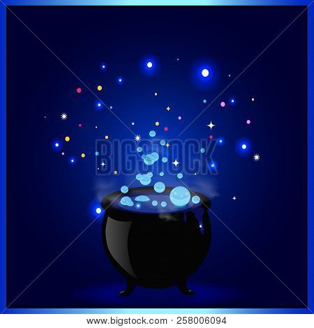 Black Witch Pot Cauldron With Boiling Potion, Glowing Sparkles And Bubbles On Blue Background. Hallo