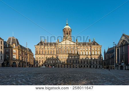 Royal Palace At The Dam Square In Amsterdam, Netherlands. No People In Dam Square In Amsterdam, Neth