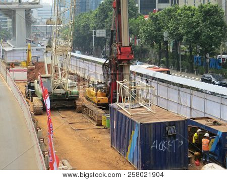Jakarta, Indonesia - August 7, 2018: Jakarta Light Rail Transit (lrt) Construction Site In Kuningan 