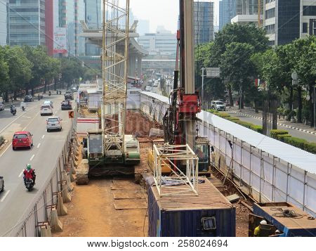 Jakarta, Indonesia - August 7, 2018: Jakarta Light Rail Transit (lrt) Construction Site In Kuningan 