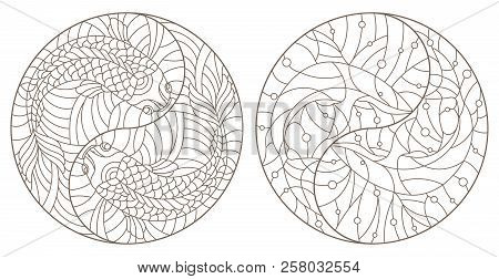 Set Of Contour Illustrations Of Stained Glass Windows With Fish In The Sign Yin Yang, Sharks And Cru