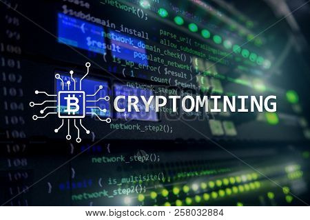 Cryptocurrency Mining Concept On Server Room Background.