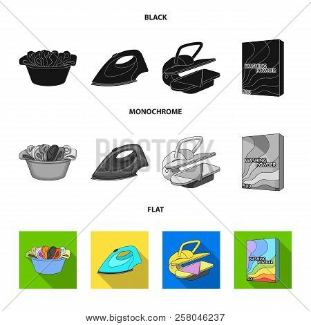 A Bowl With Laundry, Iron, Ironing Press, Washing Powder. Dry Cleaning Set Collection Icons In Black