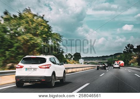 Vilalba Sasserra, Spain - May 18, 2018: Nissan Qashqai Driving In Motorway Road. The Nissan Qashqai 