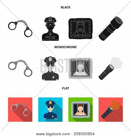 Handcuffs, Policeman, Prisoner, Flashlight.police Set Collection Icons In Black, Flat, Monochrome St