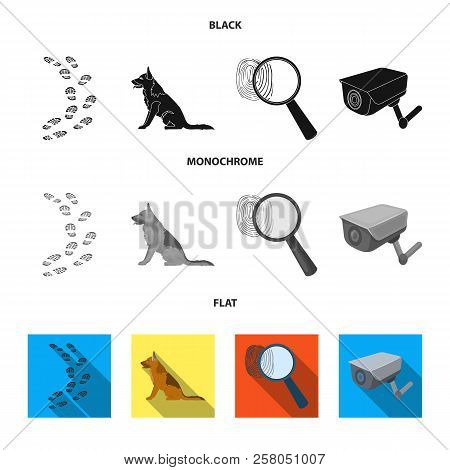 Traces On The Ground, Service Shepherd, Security Camera, Fingerprint. Prison Set Collection Icons In