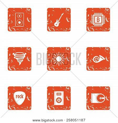 Hurricane Concert Icons Set. Grunge Set Of 9 Hurricane Concert Icons For Web Isolated On White Backg
