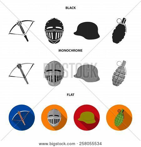 Crossbow, Medieval Helmet, Soldier's Helmet, Hand Grenade. Weapons Set Collection Icons In Black, Fl