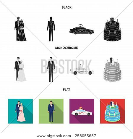 Wedding And Attributes Cartoon , Flat, Outline, Black Icons In Set Collection For Design.newlyweds A
