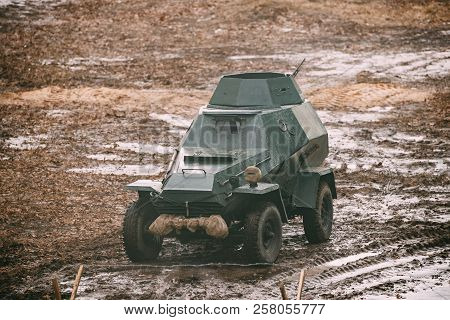 Russian Soviet Red Army Armored Soviet Scout Car In Autumn Country Road.