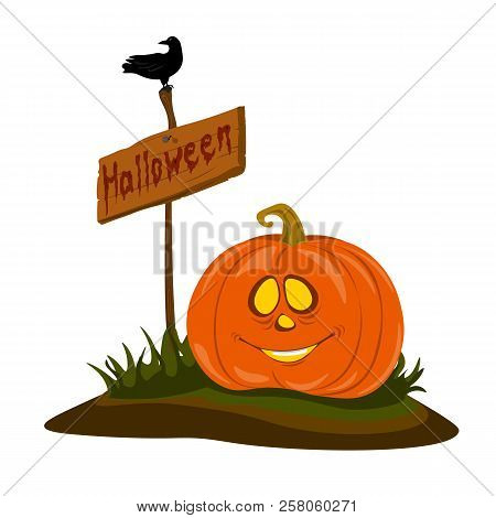 Cheerful Pumpkin Head At Halloween Tablets. Vector Drawing.
