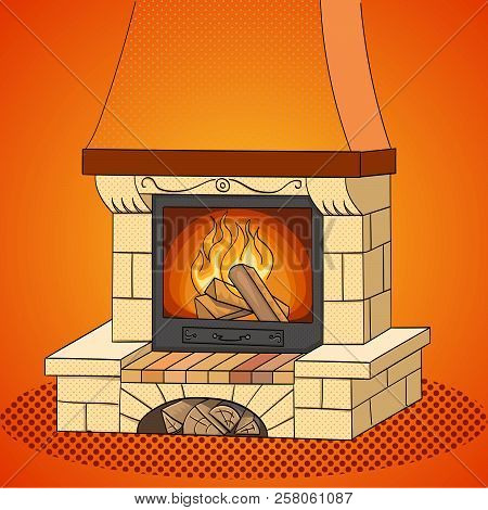 Pop Art Raster. A Brick Fireplace Burns A Tree. Works And Heats. The Background Is Red.