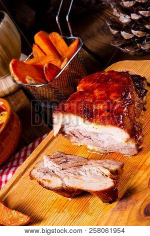 Spicy Roasted Meat With Mushroom Sauce In The Oven