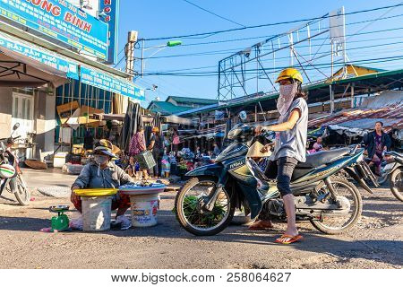 Nha Trang, Vietnam - August 06: A Woman Sells Seafood At The Street Market On August 06, 2018 In Nha