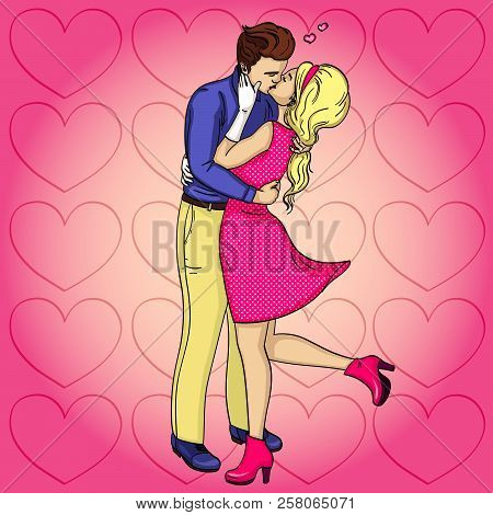 Feeling Of Love. The Guy With The Girl Passionately Kisses. Raster Of Pop Art. Comic Style