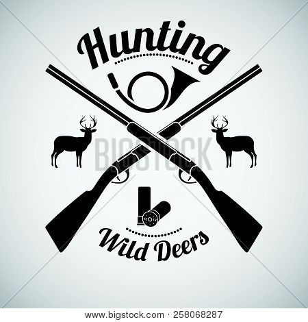 Hunting Vintage Emblem. Cross Hunting Gun With Ammo, Hunting Horn And Deers Silhouettes. Dark Brown 