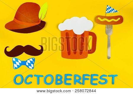 Germany Face Silhouette With Bavarian Brown Hat And Tie Bow, Mustache. Sousage With Mustard On Fork 