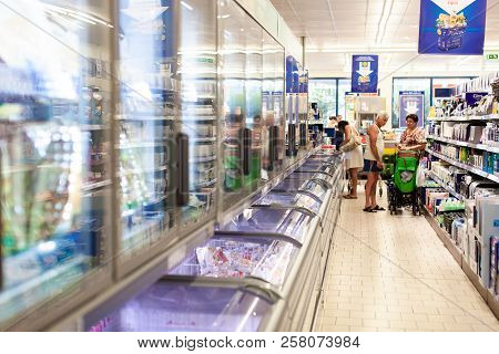 Cyprus, Protaras, Supermarket Lidl - 19 September 2015: Fidges With Food In The Supermarket