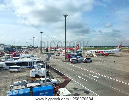 Chiangmai, Thailand- 13 Sep 2018. Lot Of Airliners Plane Parking At The Chiangmai International Airp
