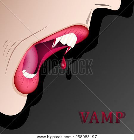 Open Mouth Of Mosnter With Fangs. Sexy Woman Lips With Bloody Lipstick. Fashion Glamour Halloween Ar