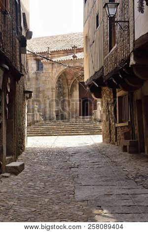Streets And Entrance Of  La Asuncion Church, La Alberca, Salamanca Province,castilla-leon, Spain
