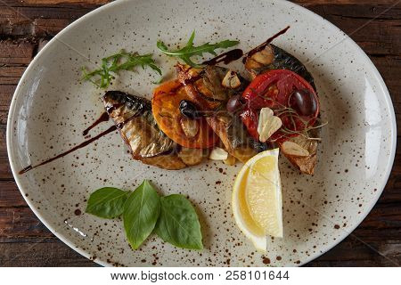 The Fried Mackerel With Vegetables. Shallow Dof.