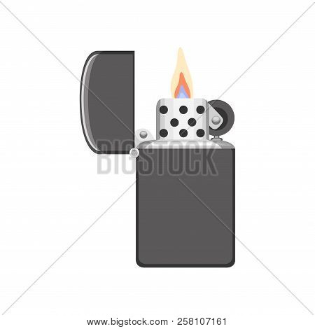 Flatvector Icon Of Pocket Cigarette Lighter With Gray Metal Housing And Hinged Lid. Object For Smoke