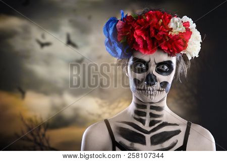 Woman Art Make Up. Scary Skull Make-up For Halloween. Face-art Body-art Is Painted, Paints For Body 