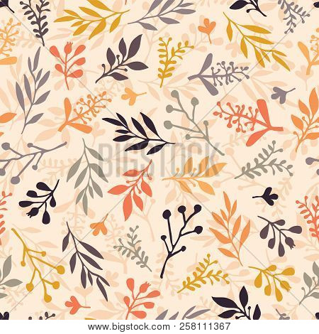 Seamless Vector Pattern With Abstract Leaves Orange, Gold, Purple, Gray On A Beige Background. Leaf 