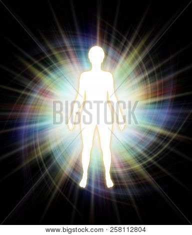 Connect With Your Higher Spirit - White Silhouette Female Figure With A Multicoloured Starburst And 