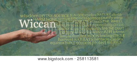 The Wiccan Way Word Tag Cloud - Female Open Palm Hand With The Word Wiccan Floating Above And A Rele