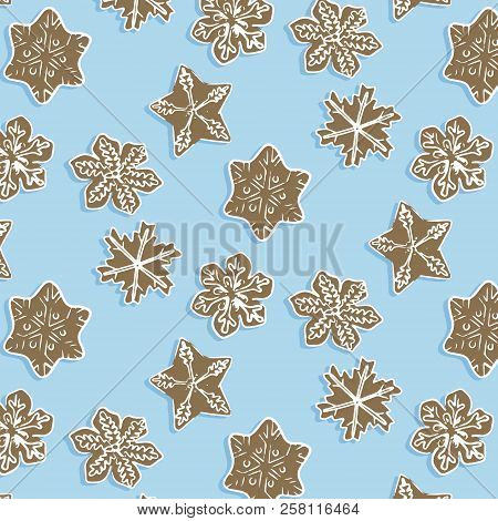 Winter Snoflake Cookie Pattern. Cute Brown Homemade Sweet Decoraion. Snowflake Dessert Surface Backg