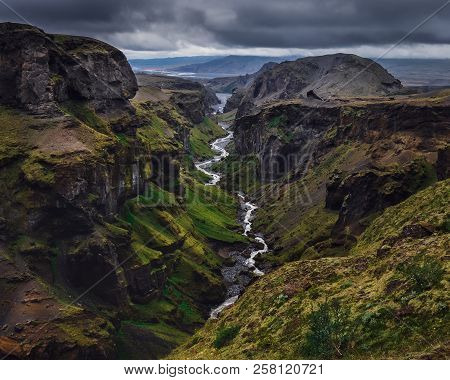 Landscape View Of Thorsmork Mountains Canyon And River, Iceland