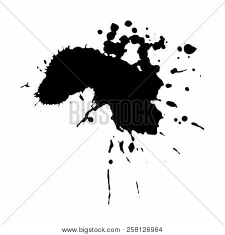 Ebony Ink Blob. Black Blotch On White Background. Ink Splatter With Droppings. Black Paint Spilled D