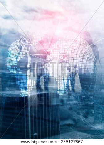 3d Earth Hologram On Blurred Background.global Business And Communication Concept. Abstract Cover De