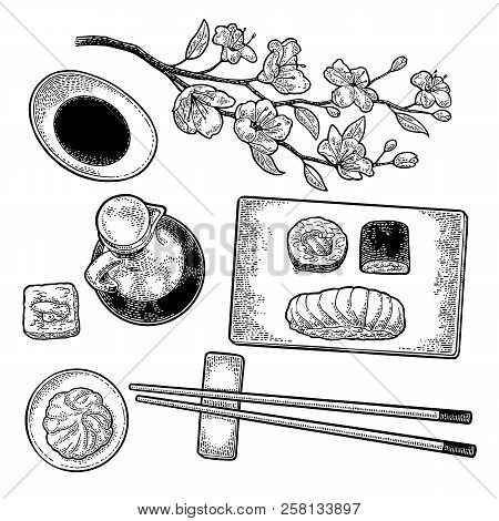 Set Sushi. Vintage Black Vector Engraving. Isolated On White Background.