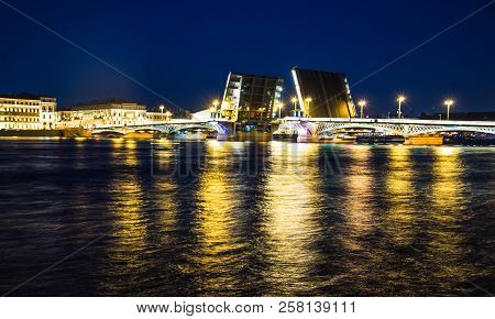 Divorce Of Bridges In St. Petersburg. Night City Of Russia. The Neva River