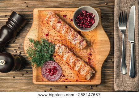 Georgian National Dish Of Meat Lulia-kebab On A Wooden Board